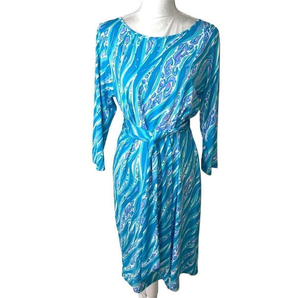 Bob Mackie Shift Dress Womens Size Medium Wearable Art Belted Poly Spandex Aqua